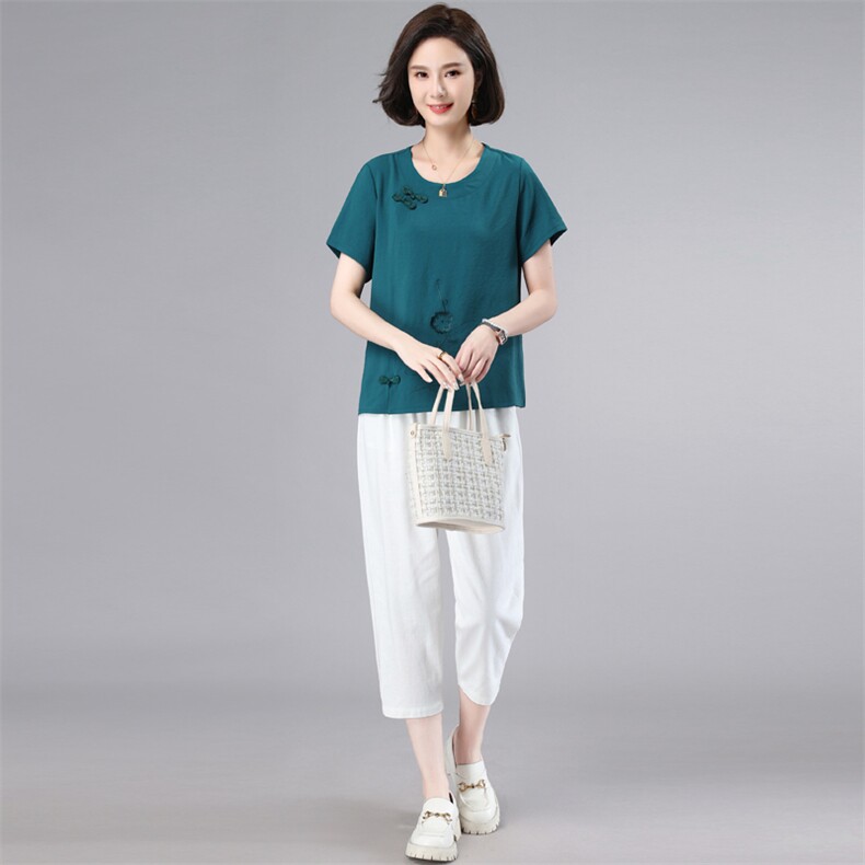 时尚套装2023夏季新款复古t恤上衣棉麻休闲裤亚麻中年妈妈两件套,女装套装/套裙,奕阳依阁