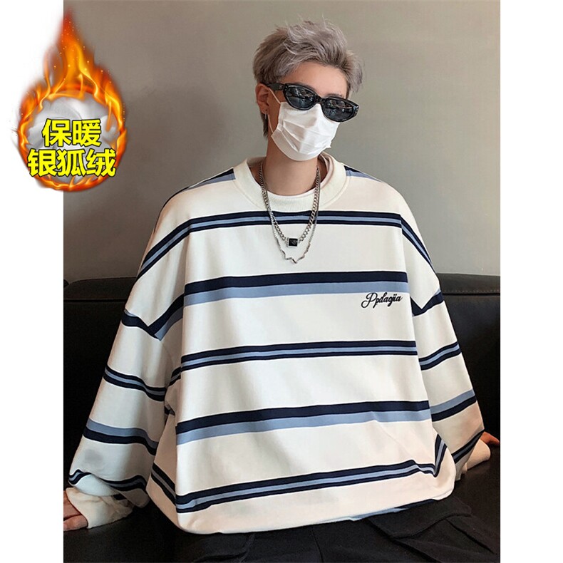 薄款改加绒特批P50无差价冬新银狐绒大码条纹长袖T恤男T1701J加绒,男装T恤,电商A001-1