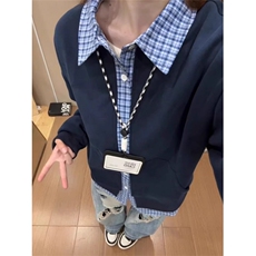 藏青色假两件开衫卫衣男女款韩系早秋穿搭衬衫格纹拼接长袖polo衫，男装休闲套装，星座1116A（原606A-3）