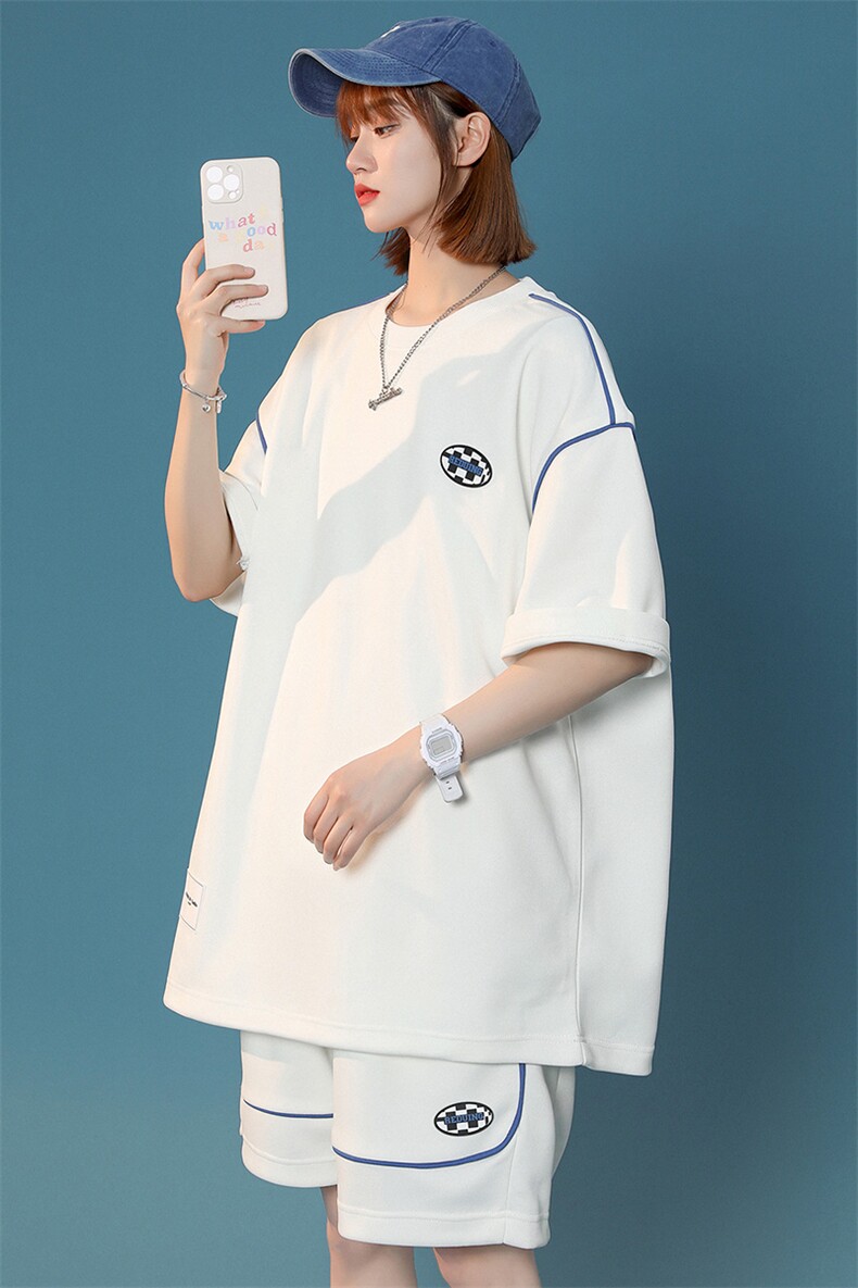 2024夏装港风潮绣标短袖T恤两件套圆领套装男女8046-P78控价98,男装T恤,电商A441-1