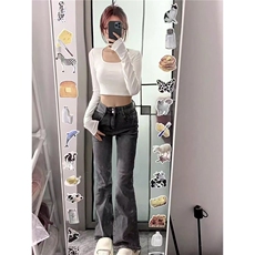 港风高街黑灰色牛仔裤女ins潮流春秋新款百搭显瘦阔腿微喇拖地裤，男装牛仔裤，星座506A