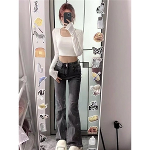 港风高街黑灰色牛仔裤女ins潮流春秋新款百搭显瘦阔腿微喇拖地裤图片