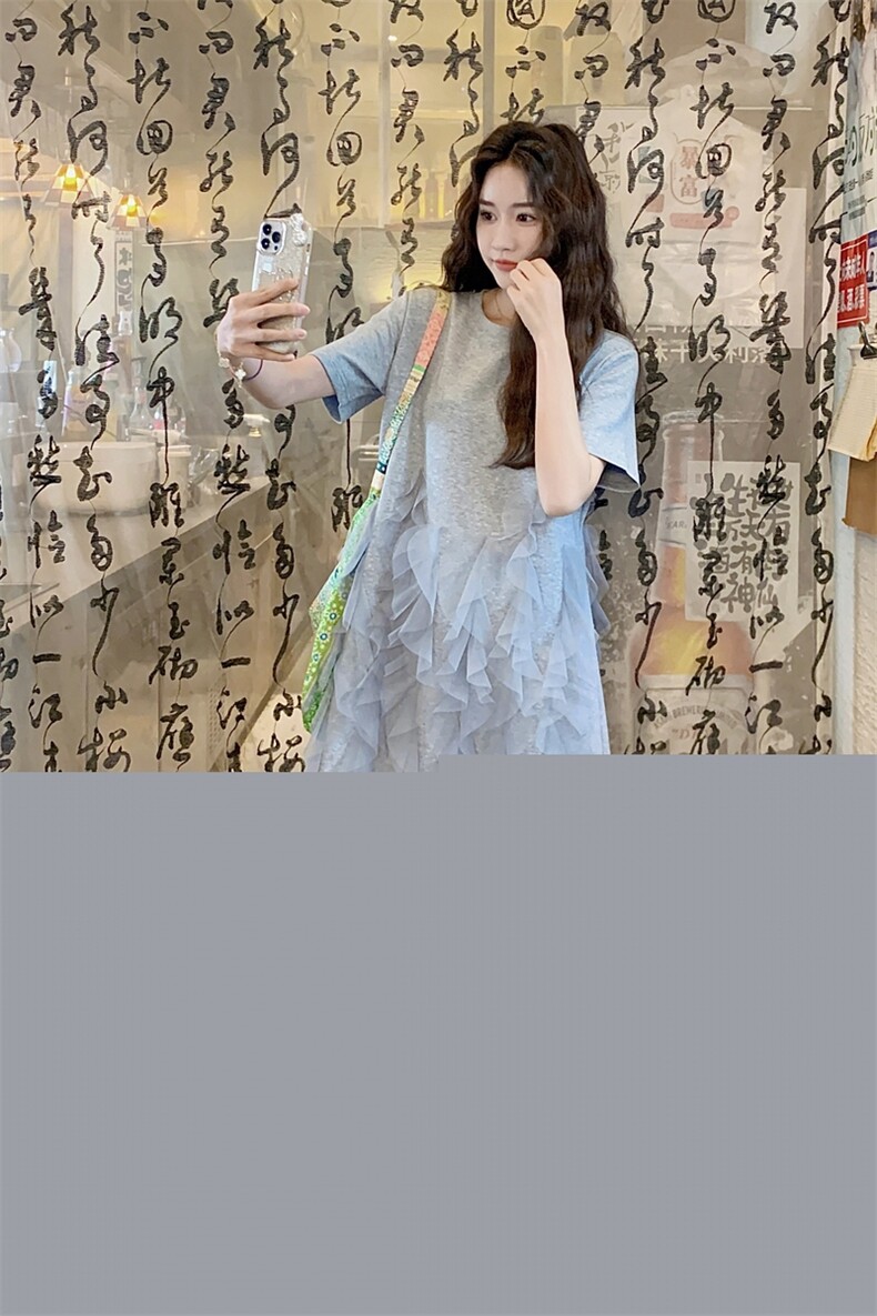 灰色网纱拼接连衣裙女2025夏季新款设计感小众宽松小个子T恤裙潮,女装连衣裙,2C176