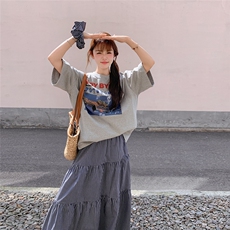 韩系休闲时尚套装裙女2025夏季新款印花短袖T恤格子半身裙两件套，女装套装/套裙，维壹