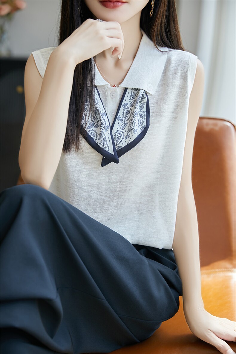 夏季竹节麻针织无袖背心上衣女翻领丝带吊带T恤宽松内搭拼色打底,女装T恤,菲奥羊绒