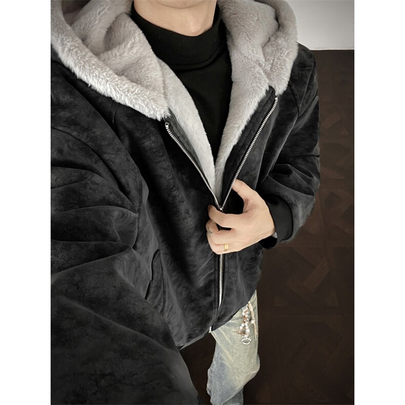 MY888特P95现货冬季座山雕连帽兔毛拼接皮衣棉衣棉服男，男装皮衣，电商B205
