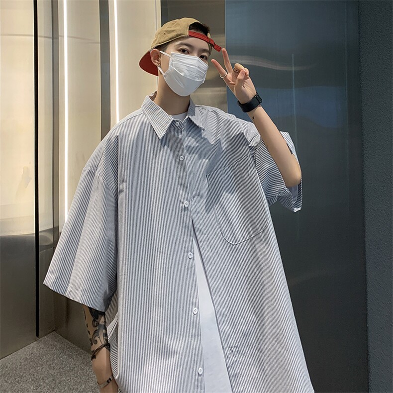 衬衫男韩版潮流条纹文艺短袖帅2023夏季新款isn宽松外套CY153-P32,男装衬衫,星座412-3