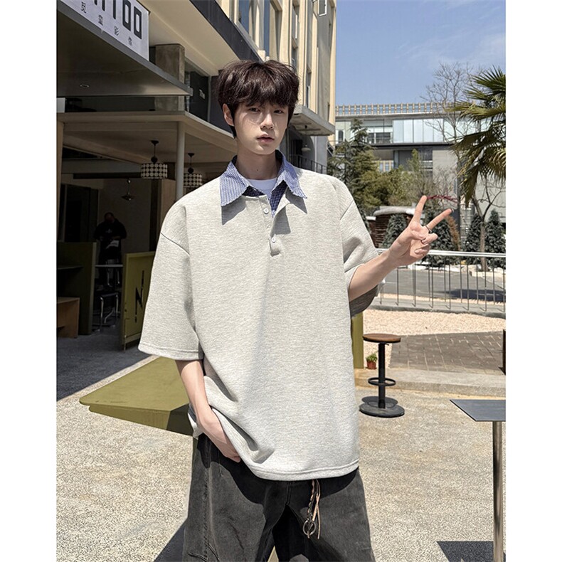 8XL-M格纹拼接假两件短袖t恤大码美式重磅polo翻领半袖DX1218/P48,男装T恤,电商B238