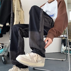 美式复古撞色拼接牛仔裤男高街设计感hiphop直筒毛边休闲裤男P53，男装牛仔裤，四季星座218-1