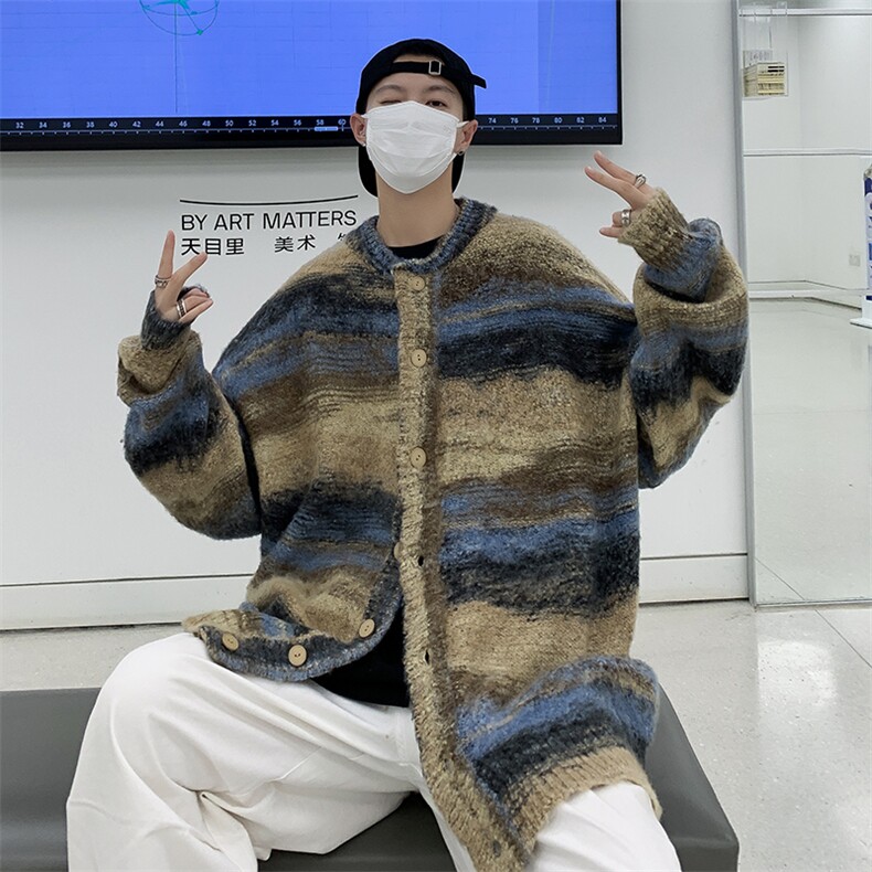 港风秋冬男圆领开衫毛衣条纹扎染单排扣渐变色针织外套M242P55,男装针织衫/毛衣,星座1013-1