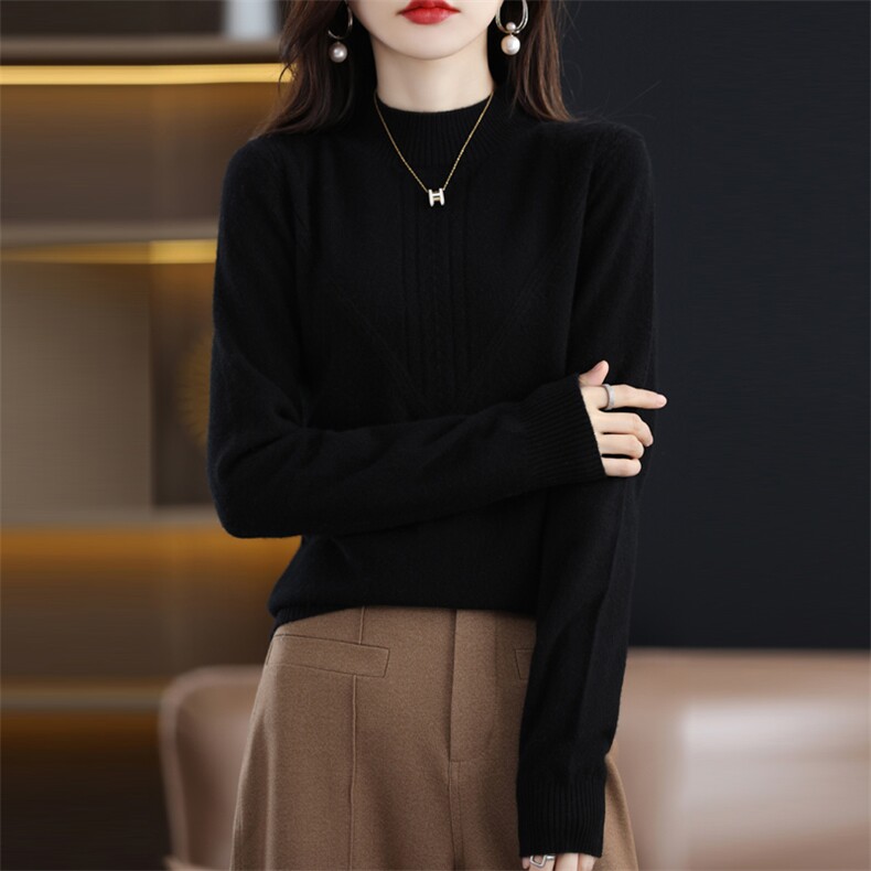 女士秋冬羊毛衫简约休闲舒适显瘦半高领羊毛衫,女装羊毛衫,贝恒羊绒