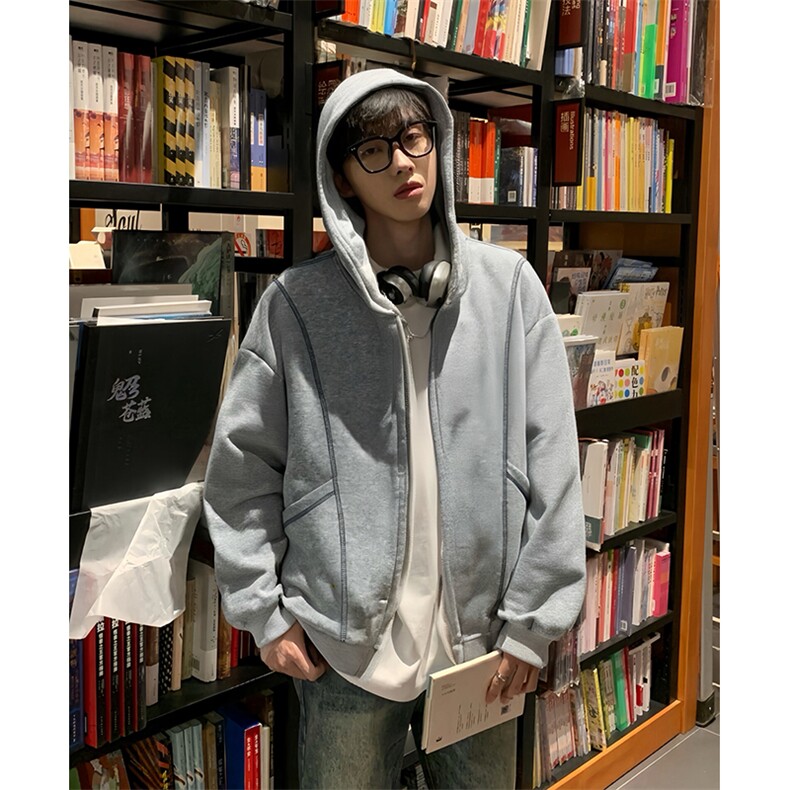 抖音得物高品质秋冬美式高街重磅结构辑明线纹理连帽卫衣外套W111,女装短外套,电商A486-1