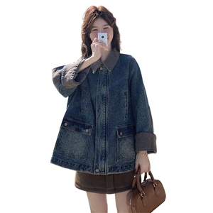 蓝色复古撞色拼接牛仔外套女2025春秋新款设计感炸街翻领夹克上衣图片