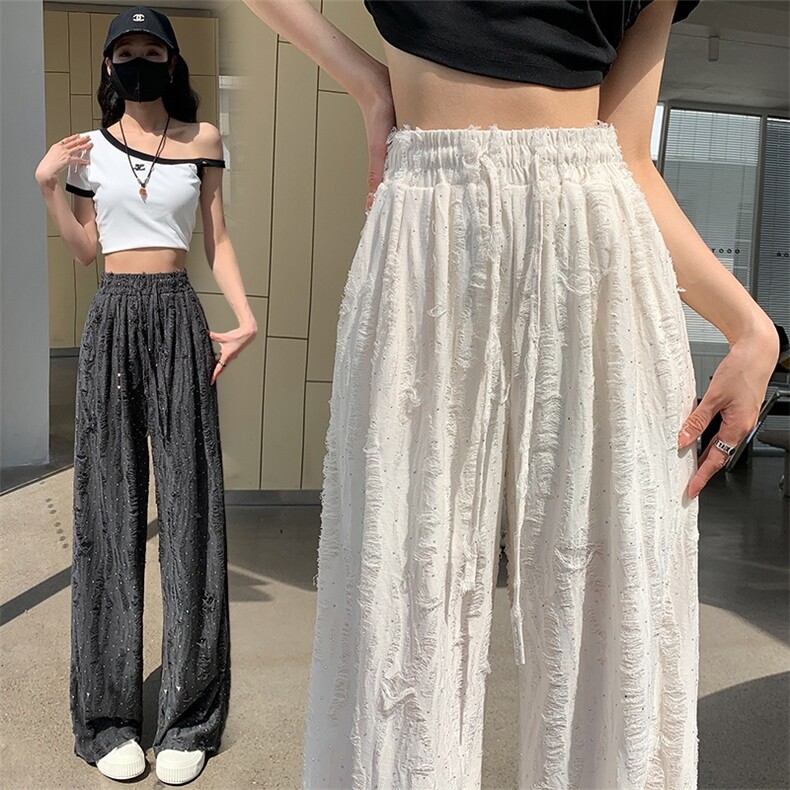 2024夏季破洞烫钻阔腿裤女高腰直筒裤垂感拖地裤宽松休闲裤子，女装休闲裤，梦白服饰厂