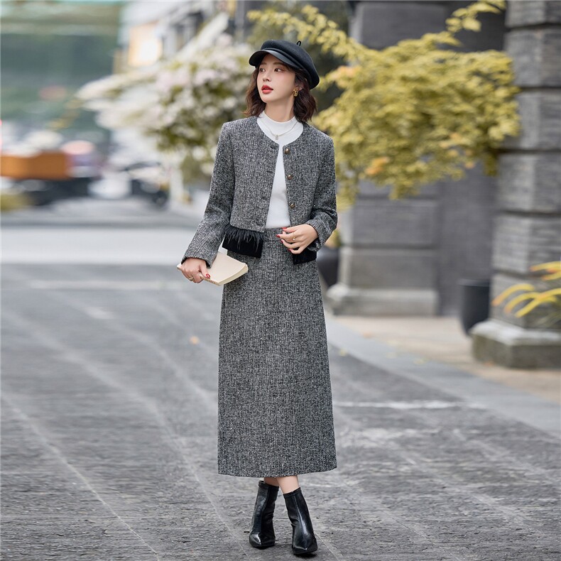 现货！重工烫钻小香风套装裙女2025秋冬新款轻奢外套半身裙两件套,女装套装/套裙,涵墨