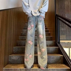 花卉满印牛仔裤男女款复古美式高级感宽松水洗直筒阔腿裤网络图，男装牛仔裤，星座410-6（原星座1304-1）