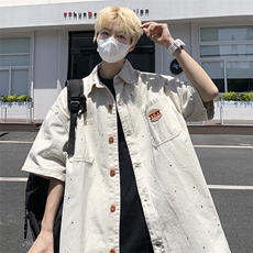 夏季新款牛仔短袖衬衫男外套日系薄款宽松休闲上衣，男装衬衫，星座410-7