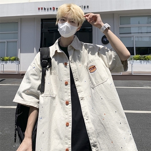 夏季新款牛仔短袖衬衫男外套日系薄款宽松休闲上衣图片