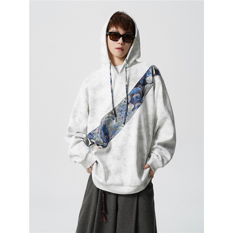 WY10200-特批40春季新款连帽设计感拼接撞色宽松大码扎染卫衣男,男装卫衣,电商A059