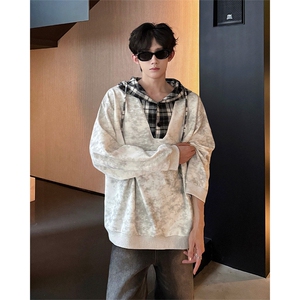 WY10150-特批50控98新款小众撞色拼接格子假两件大帽子卫衣