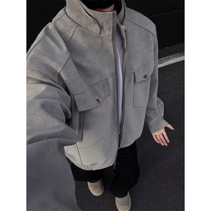 u皮外套男春秋立领美式复古工装男装皮衣夹克男款衣服HH061P95,背带裙搭配什么颜色上衣好看图片