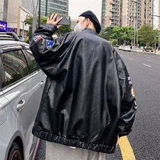 美式潮牌PU皮夹克上衣男情侣宽松棒球服男街头机车外套PJ957-P88，男装夹克，星座1008