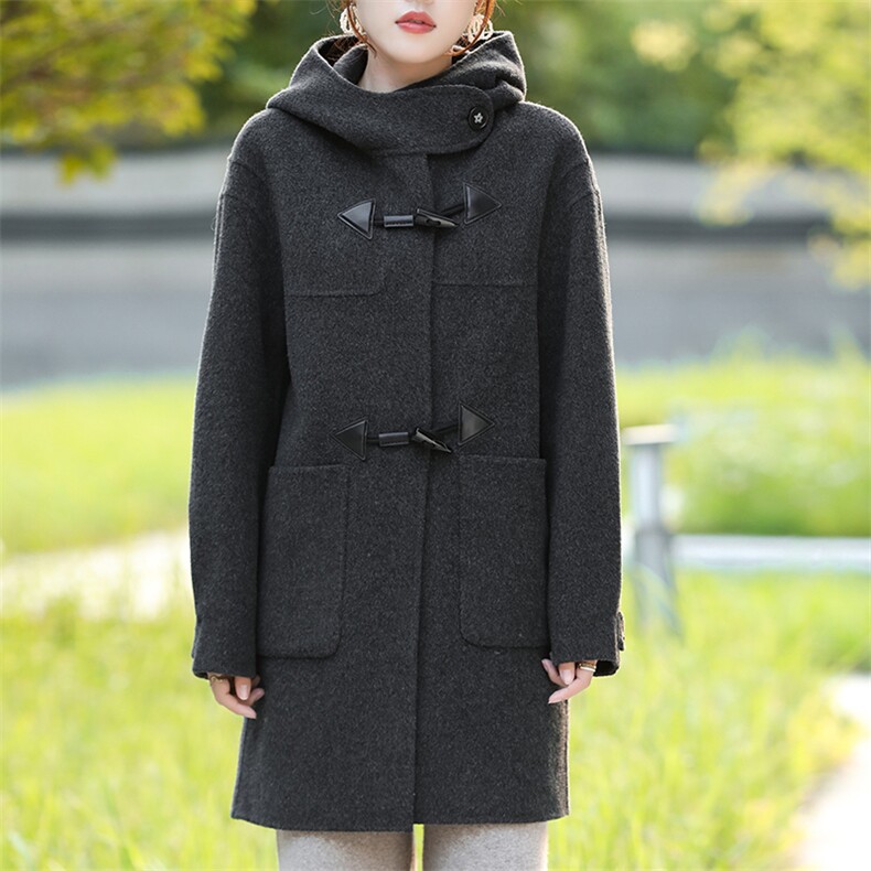 2024秋冬新款百搭羊毛英伦风连帽经典羊毛大衣，女装双面呢大衣，豪顺羊绒