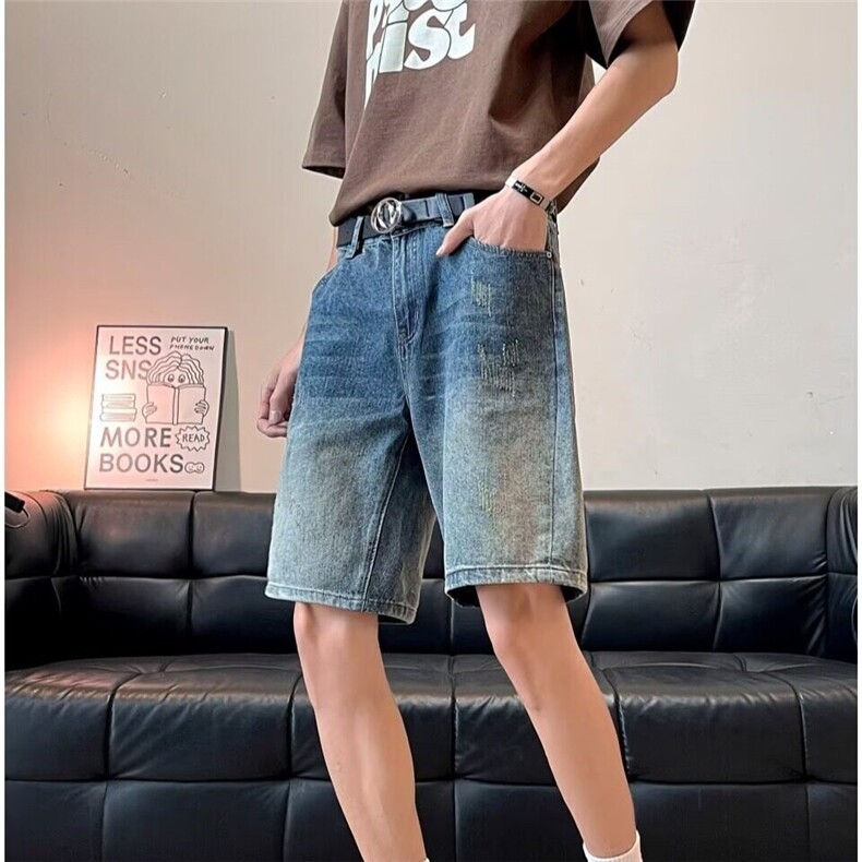 美式水洗做旧牛仔短裤男夏季宽松复古潮牌休闲高街直筒五分裤,男装牛仔裤,星座410-6（原星座1304-1）
