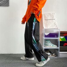 男士休闲裤高街ins潮牌坠感宽松阔腿裤拼接卫裤排扣运动裤B662P32图片