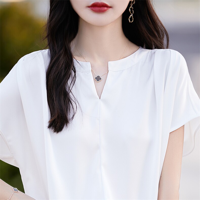 半开领醋酸真丝短袖女24夏季薄款缎面拉链上衣宽松百搭半袖打底衫,女装T恤,臻维羊绒