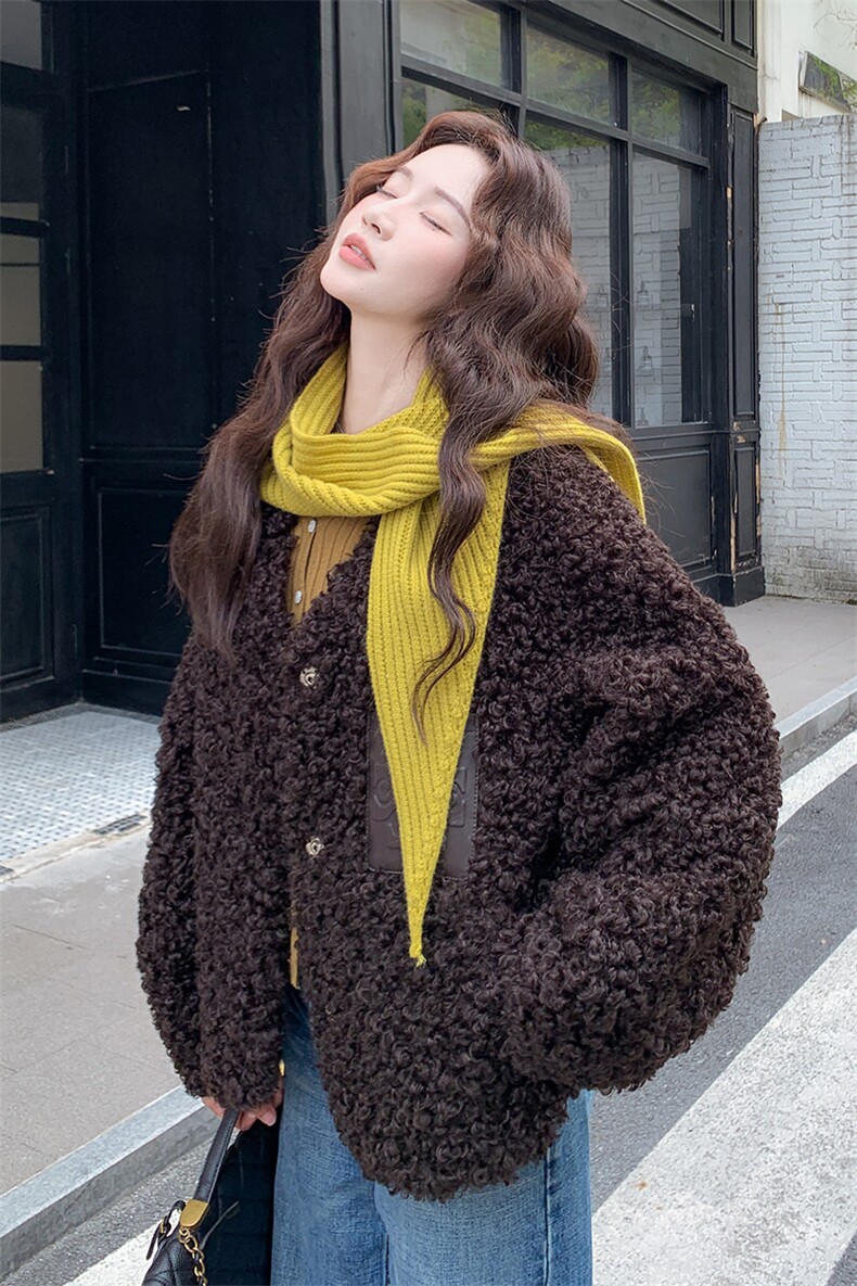 咖色皮毛一体羊羔毛外套2C317A-8538-P195-K299,女装短外套,2C317A