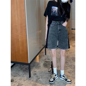 拼色牛仔短裤女夏拼接中裤高腰宽松显瘦阔腿五分裤2025年新款图片