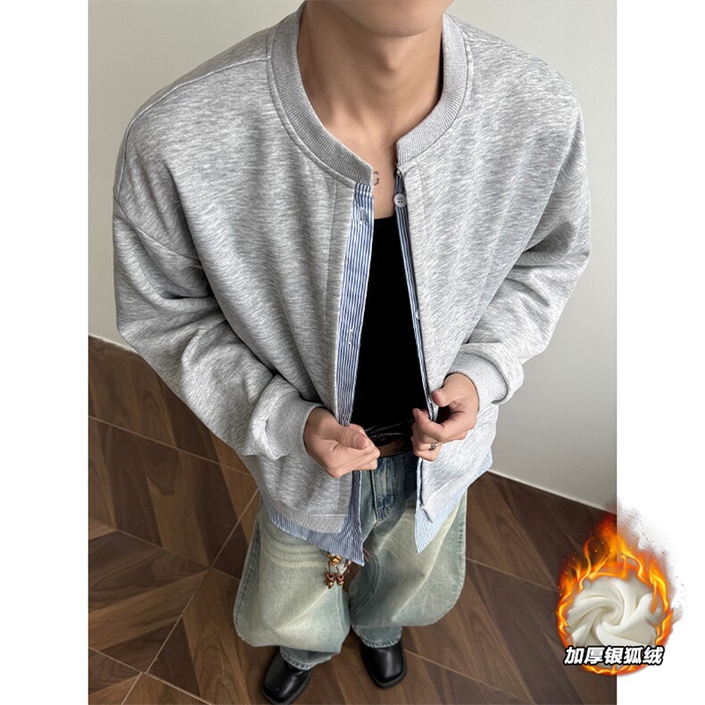 380g重磅假两件加绒银狐绒长袖开衫卫衣男W5055J加绒-特P60控108,男装卫衣,电商A001-1