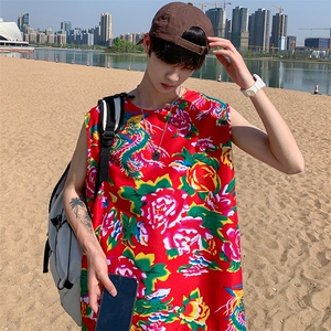 夏季大码东北大花布男背心坎肩运动马甲男装风民族牡丹花MJ01图片