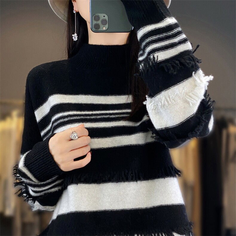 2025年秋季新款百搭女士条纹拼色羊毛套头衫,女装羊毛衫,春贝羊绒