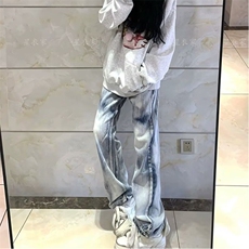 美式扎染牛仔裤设计感高街直筒宽松显瘦阔腿坠感长裤子，男装牛仔裤，星座506A