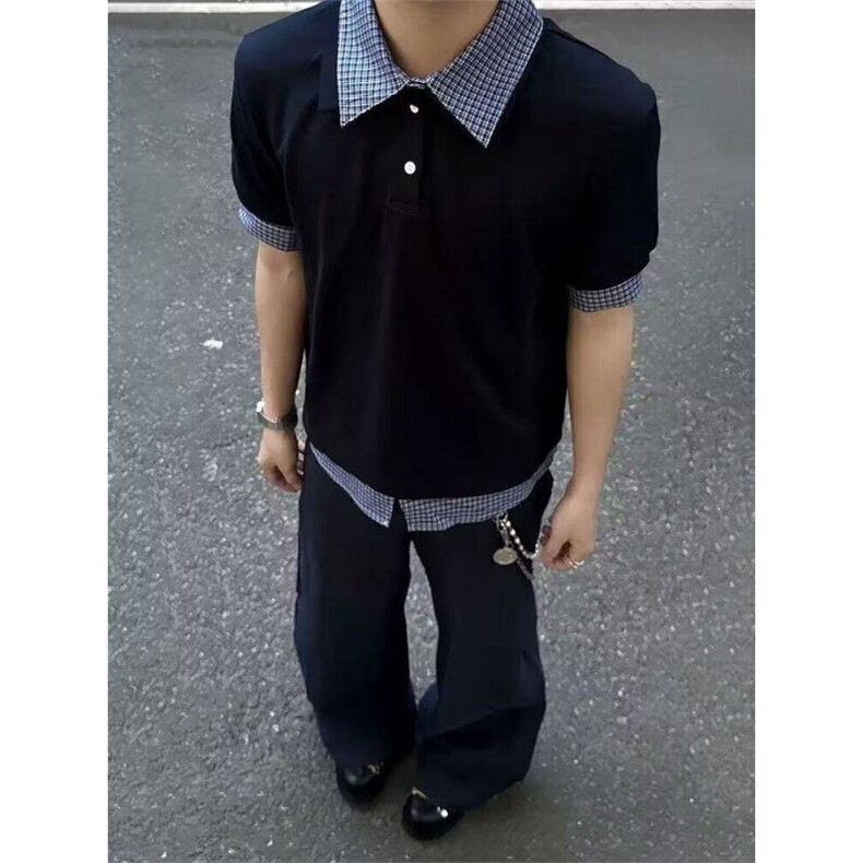 藏青色假两件拼接格纹POLO衫男夏季宽松休闲新款短袖t恤TS091,男装T恤,星座1116A（原606A-3）