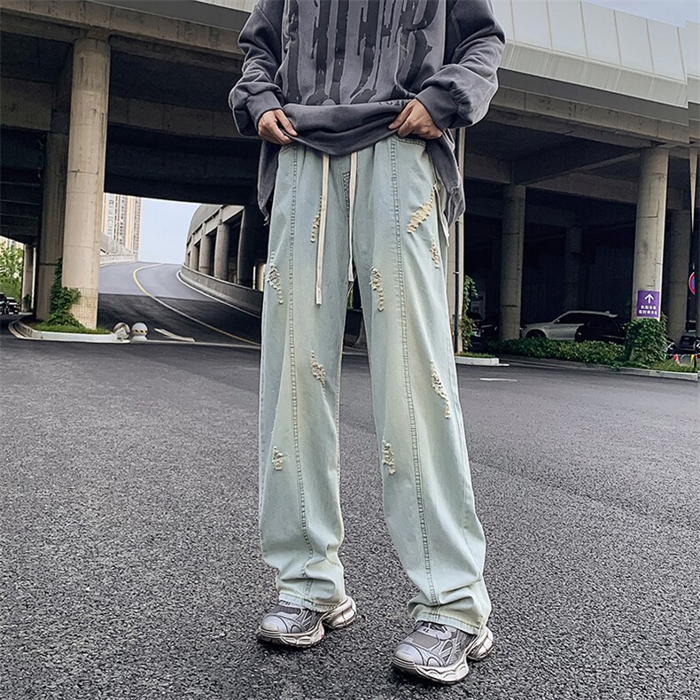 牛仔裤男春秋季美式高街水洗破洞潮牌宽松直筒休闲长裤N01068-P45,男装牛仔裤,星座308B-2