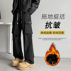 黑色机能工装裤子加绒潮牌宽松直筒阔腿休闲长裤JRK720特批43，男装工装外套，星座718-1