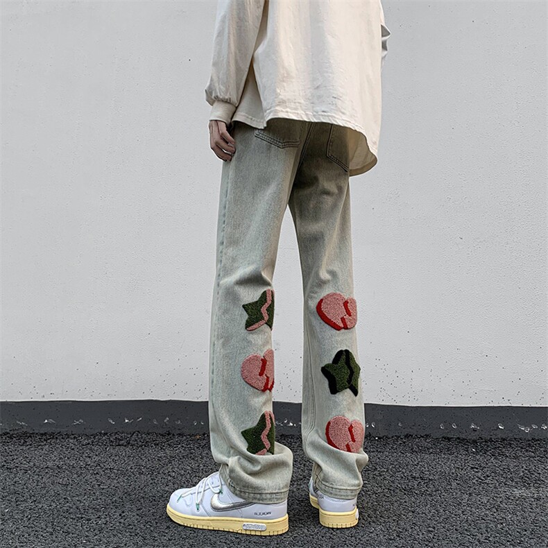 B221美式ins高街小众情侣款毛巾绣直筒牛仔裤LK23021-P65控88,男装牛仔裤,电商B221