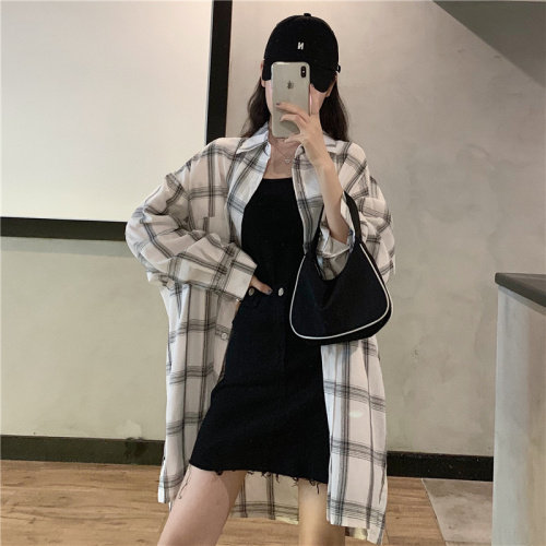 2021韩版修身秋装中长款BF风格子衬衫女开衫外套潮,女装衬衫,潮品会