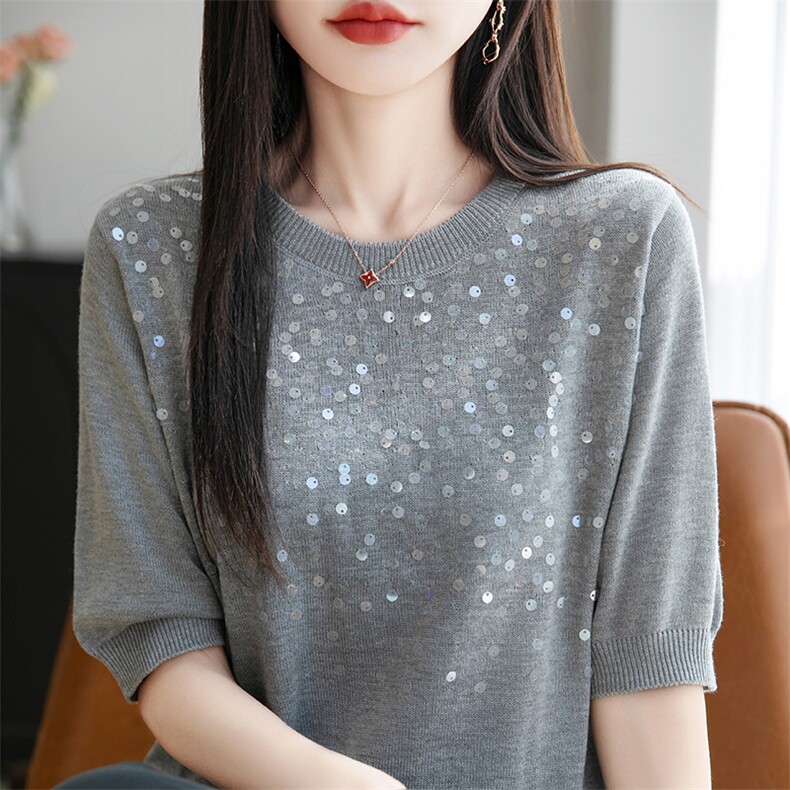 减龄洋气亮片短袖T恤2025夏季大码女装遮肉超好看漂亮上衣,女装T恤,羿纯羊绒高端店