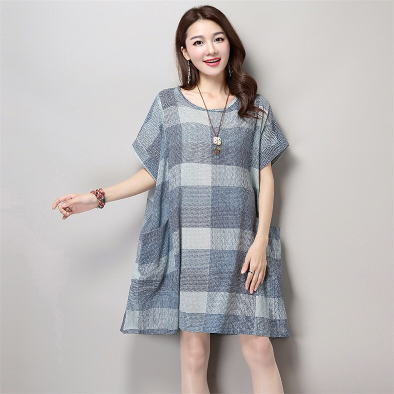 宽松腰套头圆领格子2021年夏季短袖中长款印花麻连衣裙,女装连衣裙,独衣靓
