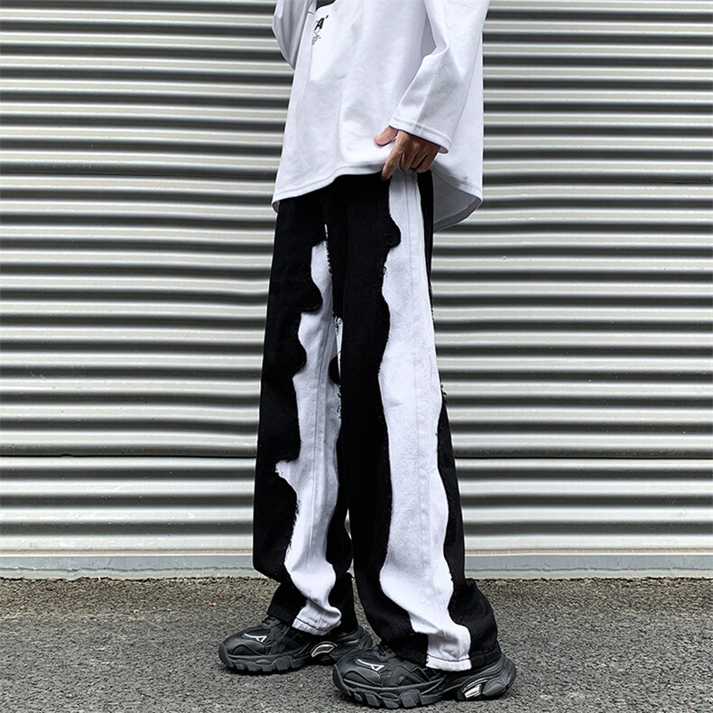 8XL-M特大码美式高街ins小众vibe鸳鸯黑白拼接直筒牛仔裤K929P60,男装休闲裤,电商D206-1