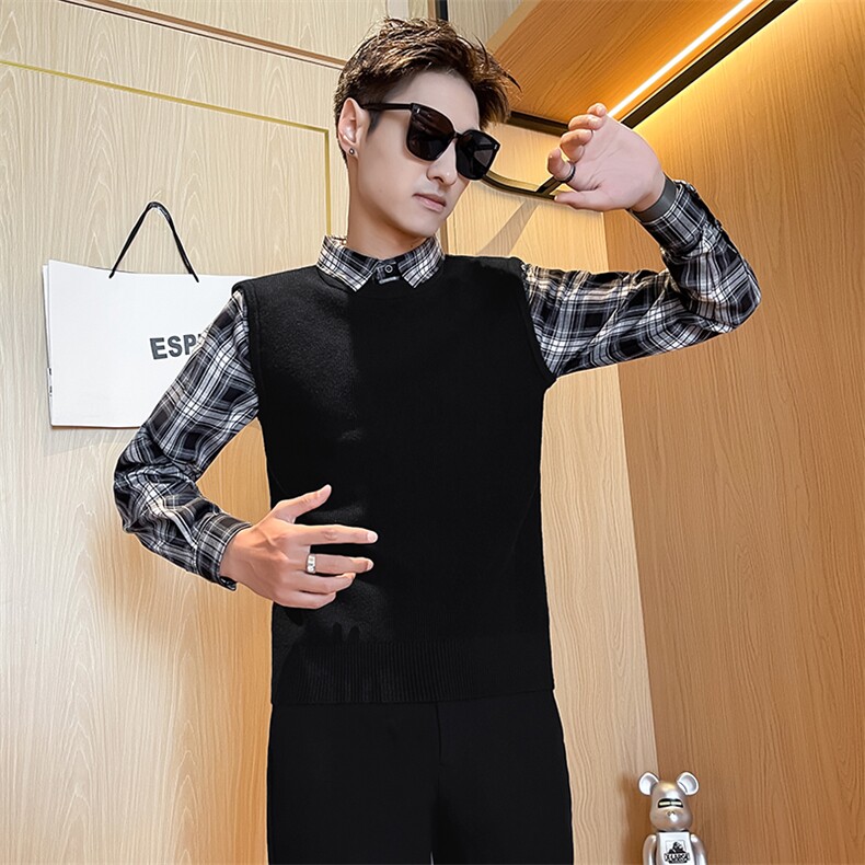 24秋冬新款男士衬衫格子袖毛衣假二件男冬季打底衫301A-1/M82/P75，男装T恤，星座301A-1