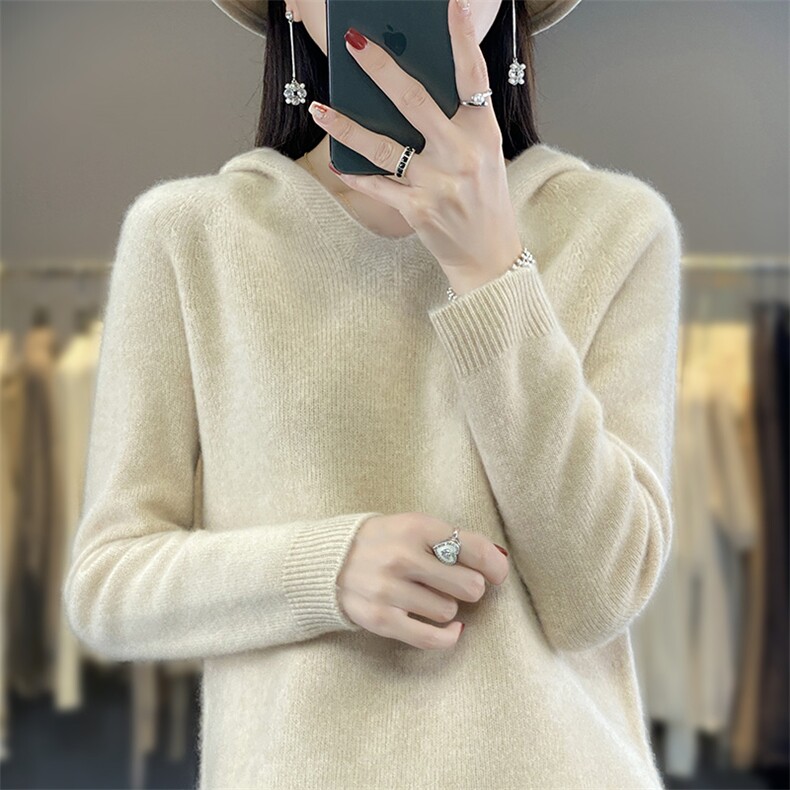 v领新款针织女长袖纯色简约百搭宽松套头连帽图片