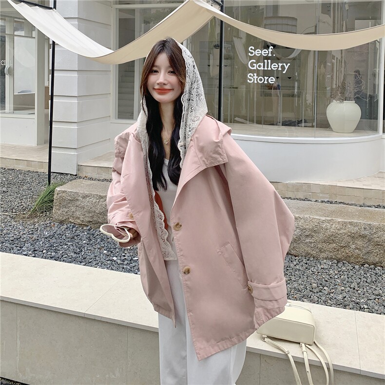 韩系蕾丝边连帽粉色风衣外套女春秋2025新款小个子甜美多巴胺大衣,女装风衣,2C332