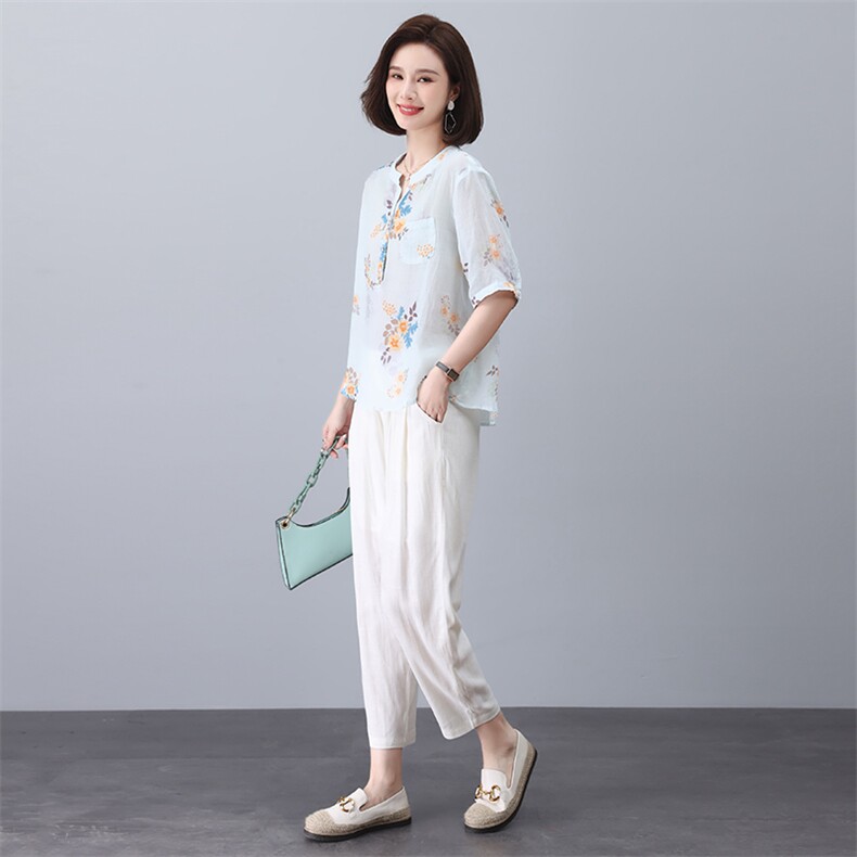 薄款棉麻休闲套装女夏季2025新款中年妈妈时尚洋气亚麻衬衫两件套,女装套装/套裙,凝聚力