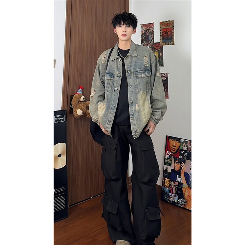 复古港风破洞百搭痞帅外套潮流水洗做旧牛仔夹克HY481TP60控98，男装夹克，电商A102B