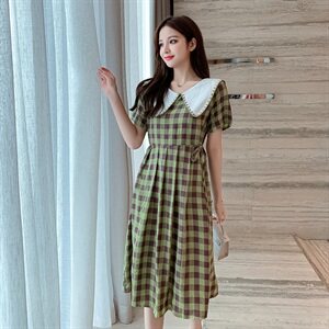 2021夏新款韩版蕾丝拼接格子裙复古连衣裙学院风大码女装+图片